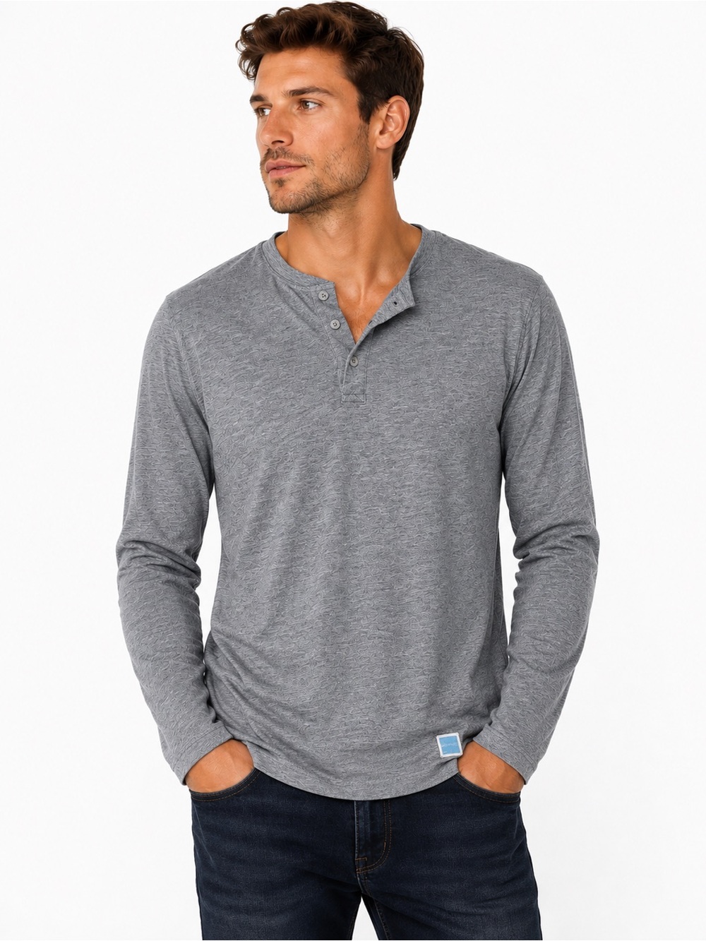 Jason Scott Size Medium Men's Grey Long-Sleeve Henley Shirt